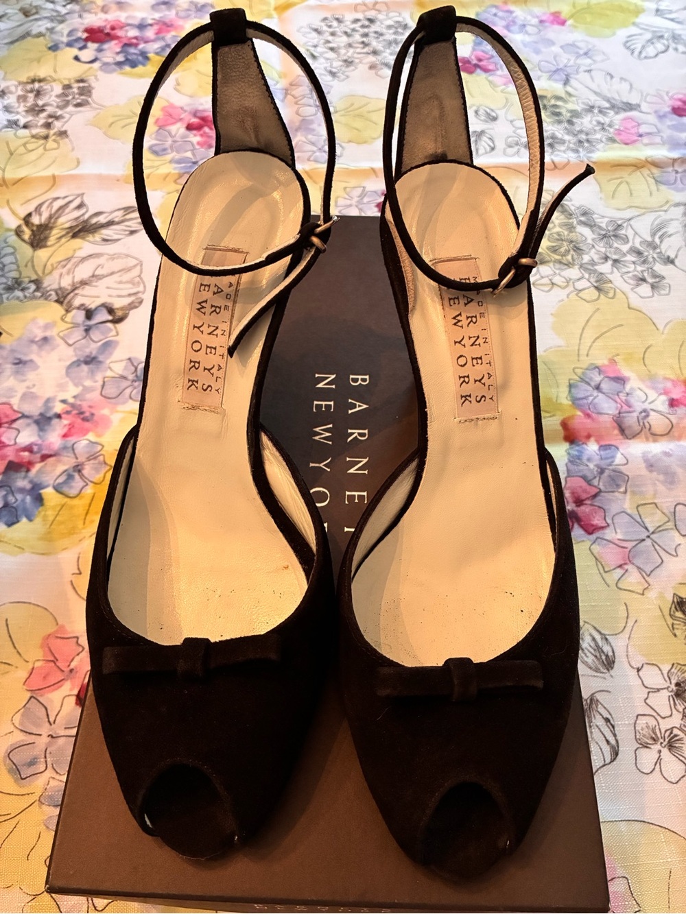 Barneys New York Celine Black Suede Peep-Toe Heels with Ankle Strap